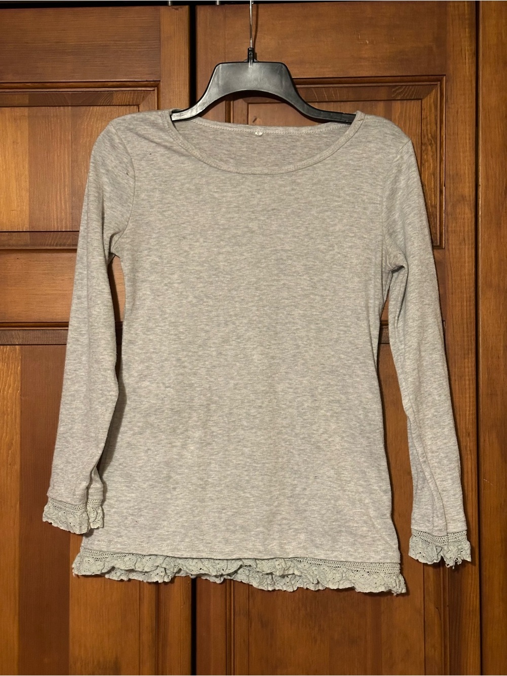 Light Grey Long Sleeve Ruffle Crochet Lace Hem and Cuff Top - small